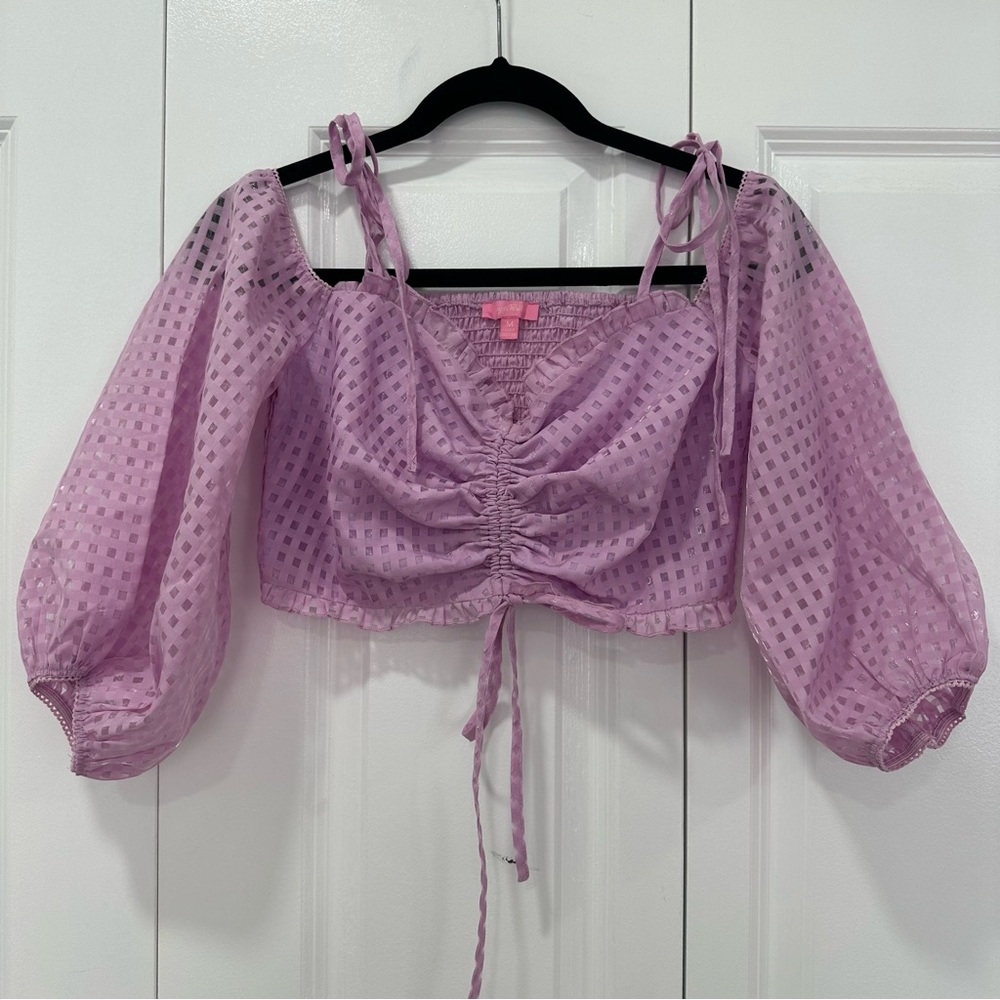 Dolls Kill / Sugar Thrillz Gingham Puff Sleeve Off the Shoulder Crop Top